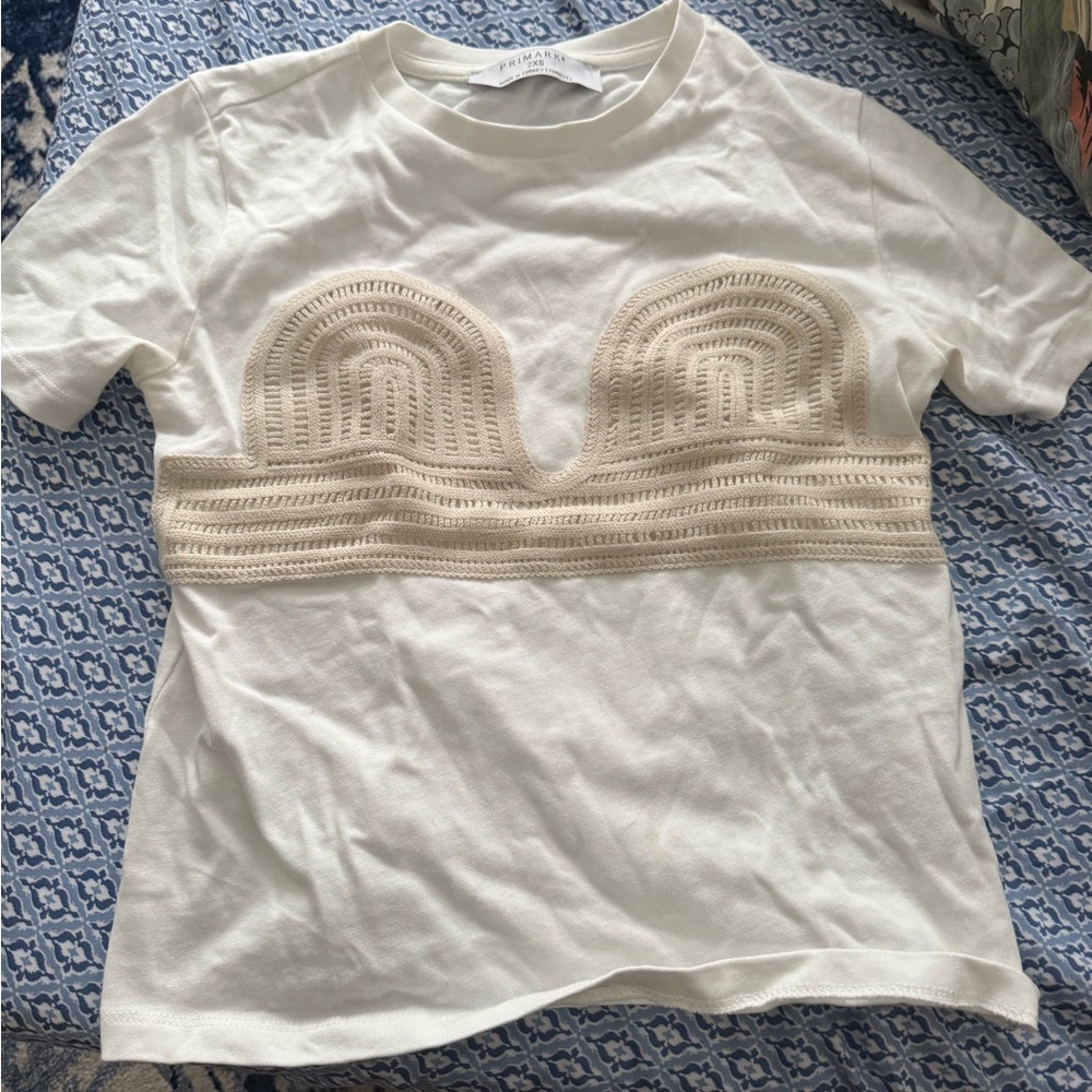 Primark White Tee with Cream Crochet Accents